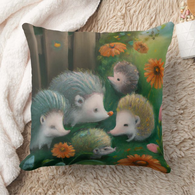 Whimsical Hedgehog Family Picnicking in the Garden Cushion (Blanket)