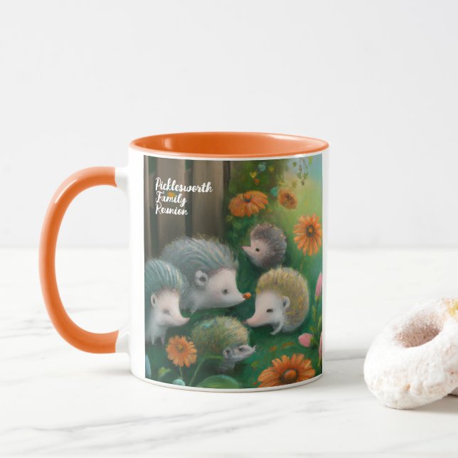 Whimsical Hedgehog Family Picnicking in the Garden Mug (With Donut)