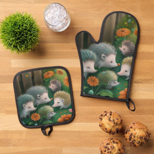 Whimsical Hedgehog Family Picnicking in the Garden Oven Mitt & Pot Holder Set (Top Down)