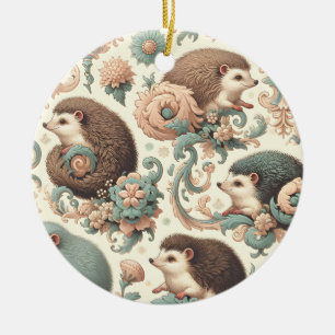 Whimsical Hedgehog Haven: Victorian Floral  Ceramic Tree Decoration