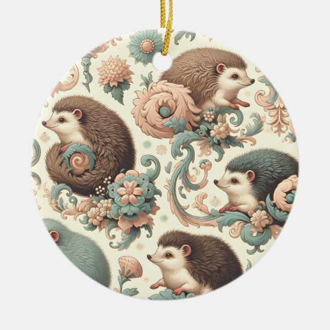 Whimsical Hedgehog Haven: Victorian Floral  Ceramic Tree Decoration (Front)