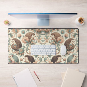 Whimsical Hedgehog Haven: Victorian Floral Desk Mat