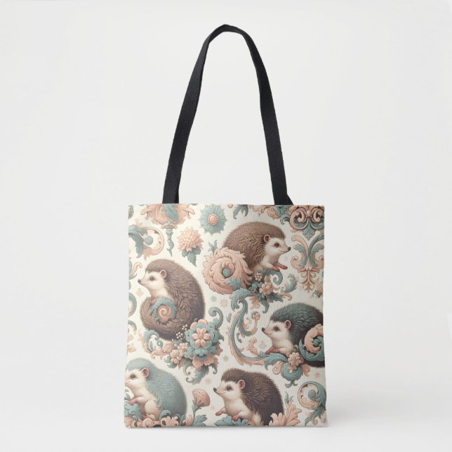 Whimsical Hedgehog Haven: Victorian Floral  Tote Bag (Front)