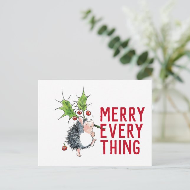 Whimsical Hedgehog Merry Everything Christmas Postcard (Standing Front)