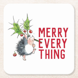 Whimsical Hedgehog Merry Everything Christmas Square Paper Coaster