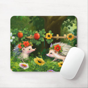 Whimsical Hedgehogs in an English Country Garden Mouse Mat