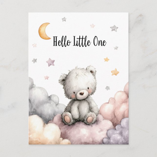Whimsical "Hello Little One" Teddy Bear Postcard (Front)