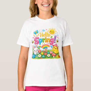 Whimsical "Hello Spring" Illustration with Bunny T-Shirt