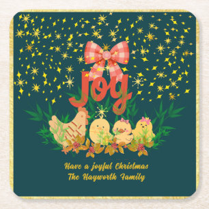 Whimsical hen and chick Christmas  Square Paper Coaster