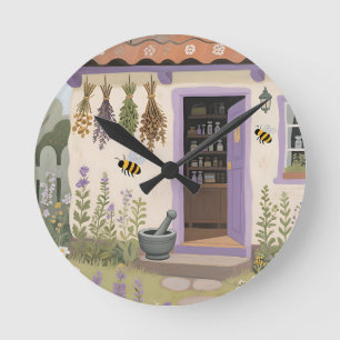 Whimsical Herb Cottage Garden Round Clock