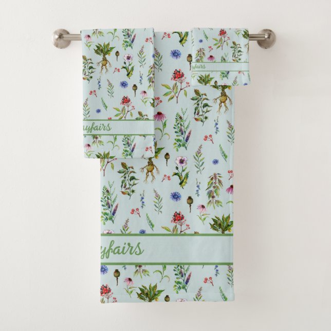 Whimsical Herbs on Mint Green Bath Towel Set (Insitu)
