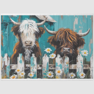 Whimsical Highland Cow Daisy Blue Barn Decoupage Tissue Paper