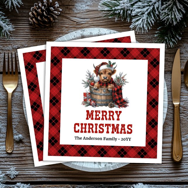 Whimsical highland cow holiday napkins buffalo  (Whimsical highland cow holiday napkins buffalo plaid tones

)