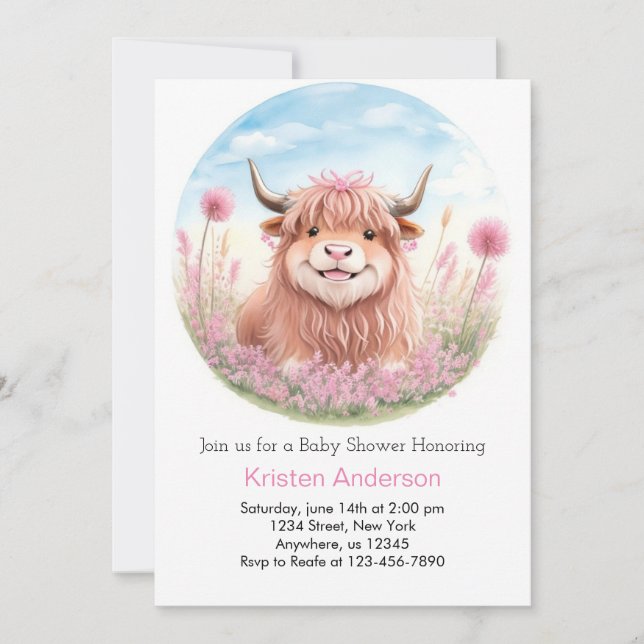 Whimsical Highland Cow Pink Girl Baby Shower Invitation (Front)