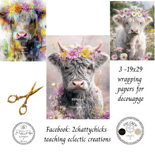 Whimsical Highland Floral Crown Decoupage  Wrapping Paper Sheet