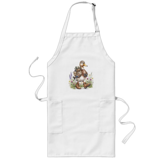 Whimsical Hiking Duck Illustration with Backpack  Long Apron (Front)