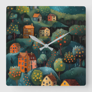 Whimsical Hillside Village & Forest Night Wall Square Wall Clock