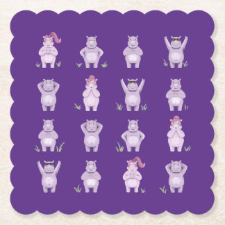 Whimsical Hippo Characters – hippos in love Paper Coaster