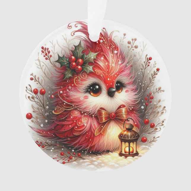 Whimsical Holiday Bird with Lantern  Ornament (Front)