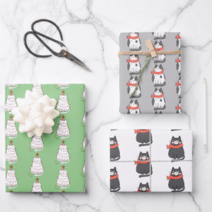 Whimsical Holiday Cat Trio Wrapping Paper Sheet