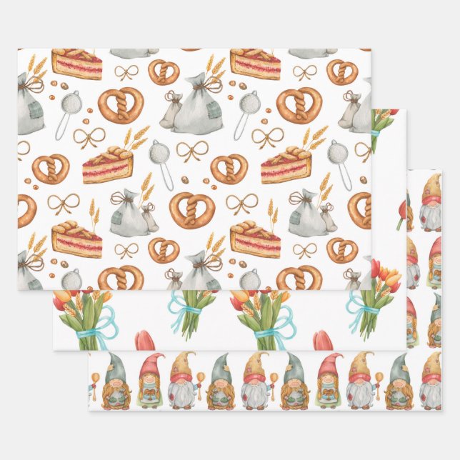Whimsical Holiday Jolly Christmas Baking Gnomes Wrapping Paper Sheet (Set)