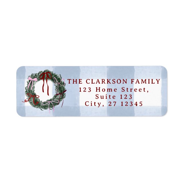 Whimsical Holiday Wreath Blue Gingham Return  (Front)