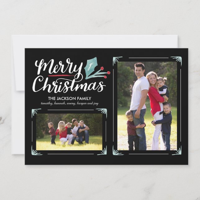 Whimsical Holly 2-Photo Christmas Holiday Card (Front)