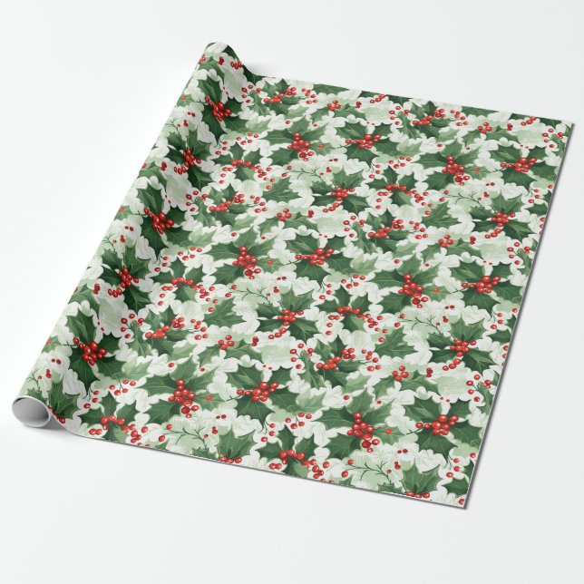 Whimsical Holly Delight Christmas Wrapping Paper (Unrolled)