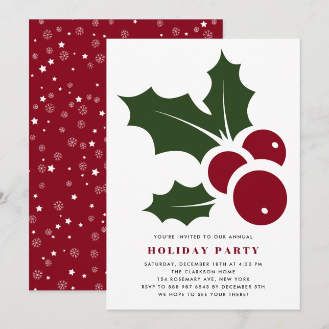 Whimsical Holly Modern Holiday Party Invitation (Front/Back)