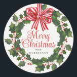 Whimsical Holly Wreath Christmas Classic Round Sticker<br><div class="desc">Celebrate the season with our delightful Whimsical Holly Wreath stickers, featuring a charming illustration of a Christmas wreath made of holly with a festive red and white striped bow that captures the magic of Christmas. The playful "Merry Christmas" greeting in the middle of the illustration is written in a whimsical,...</div>