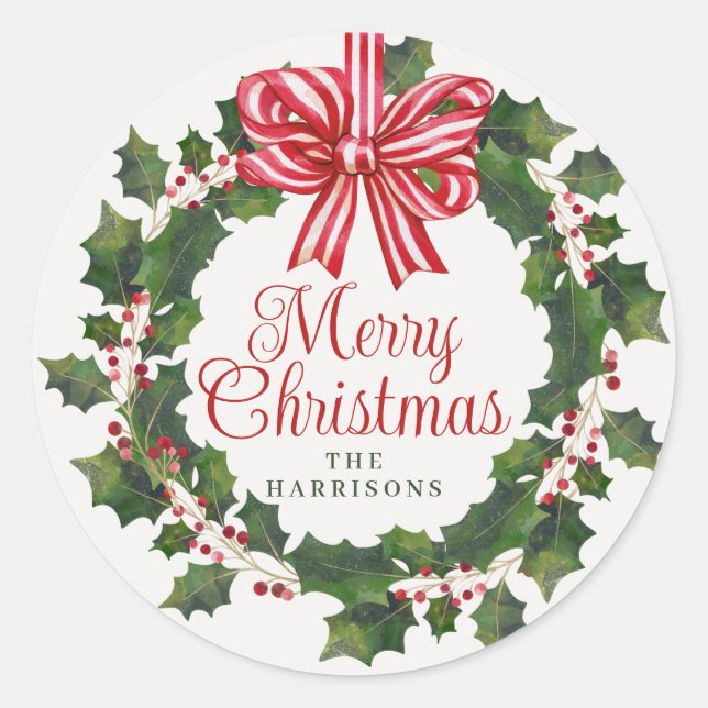 Whimsical Holly Wreath Christmas Classic Round Sticker (Front)