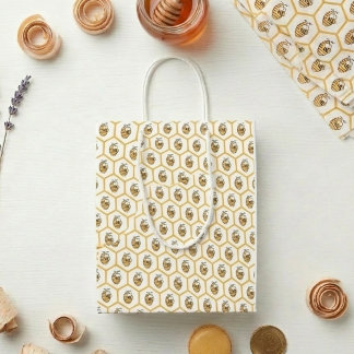 Whimsical Honey Bee and Gold Hexagon Pattern Medium Gift Bag