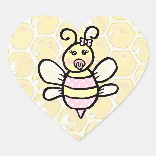 Whimsical Honey Bee Girl's Baby Shower Heart Sticker (Front)