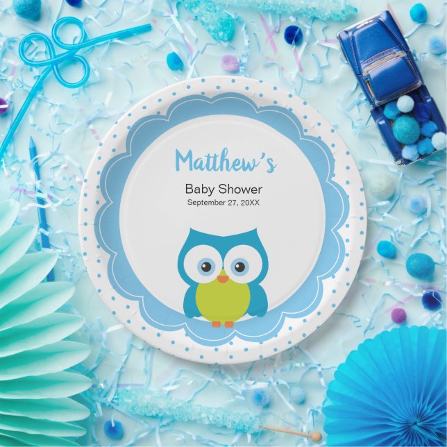 Whimsical Hoot Owl Woodland Animal Baby Boy Shower Paper Plate (Party)