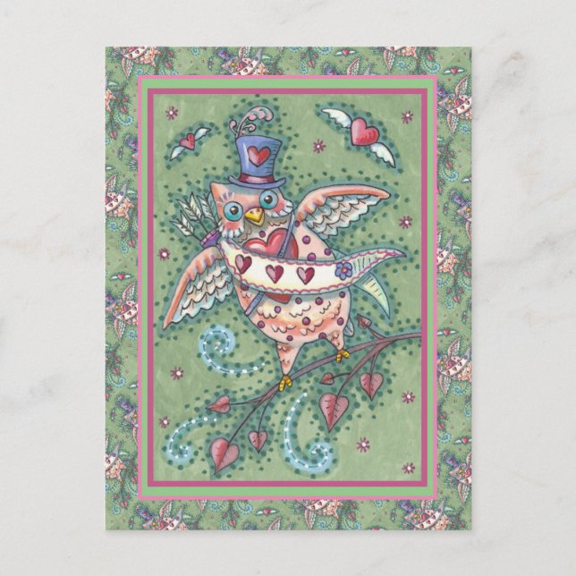 WHIMSICAL HOOTS N' HEARTS CUPID OWL VALENTINE HOLIDAY POSTCARD (Front)