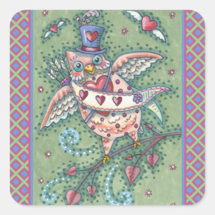 WHIMSICAL HOOTS N' HEARTS CUPID OWL VALENTINE SQUARE STICKER