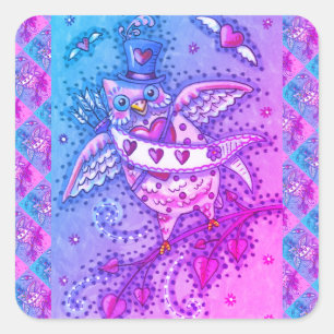 WHIMSICAL HOOTS N' HEARTS CUPID OWL VALENTINE SQUARE STICKER