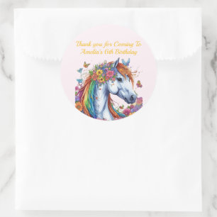 Whimsical Horse Rainbow Floral Equestrian Birthday Classic Round Sticker
