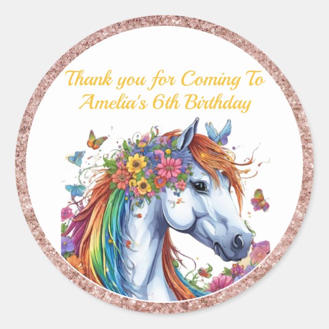 Whimsical Horse Rainbow Floral Equestrian Birthday Classic Round Sticker (Front)