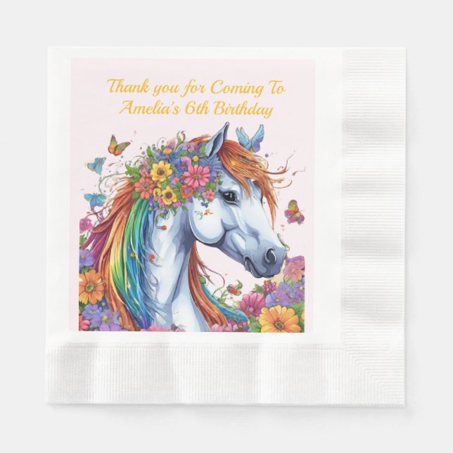 Whimsical Horse Rainbow Floral Equestrian Birthday Napkin (Front)