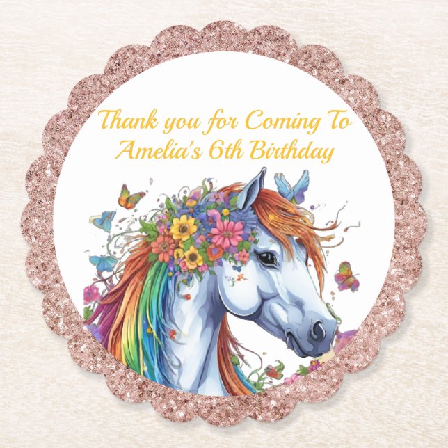 Whimsical Horse Rainbow Floral Equestrian Birthday Paper Coaster (Front)