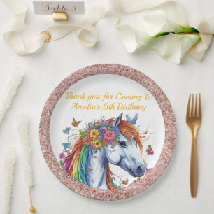 Whimsical Horse Rainbow Floral Equestrian Birthday Paper Plate