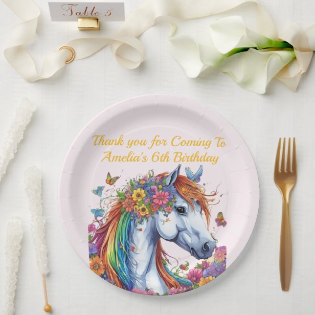 Whimsical Horse Rainbow Floral Equestrian Birthday Paper Plate (Wedding)