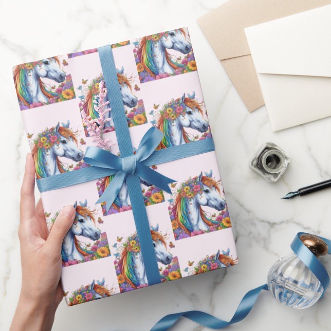 Whimsical Horse Rainbow Floral Equestrian Birthday Wrapping Paper (Gifting)