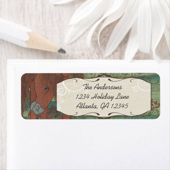 Whimsical Horse Red Flowers Return Address Label (Insitu)