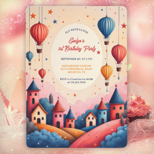 Whimsical Hot Air Balloon 1st Birthday Party Invitation