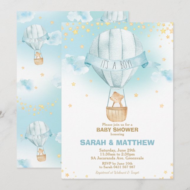 Whimsical Hot Air Balloon Baby Shower Bear Boy Invitation (Front/Back)