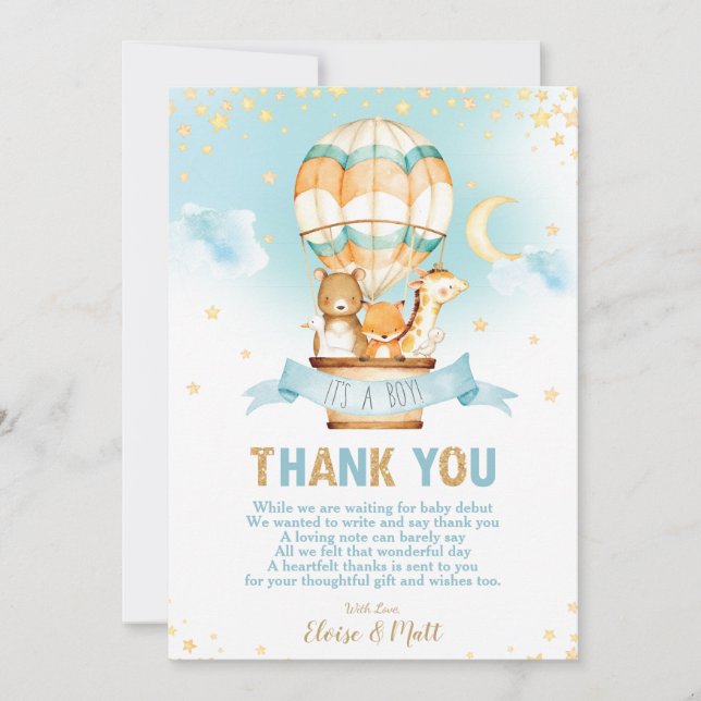 Whimsical Hot Air Balloon Baby Shower Cute Animals Thank You Card (Front)