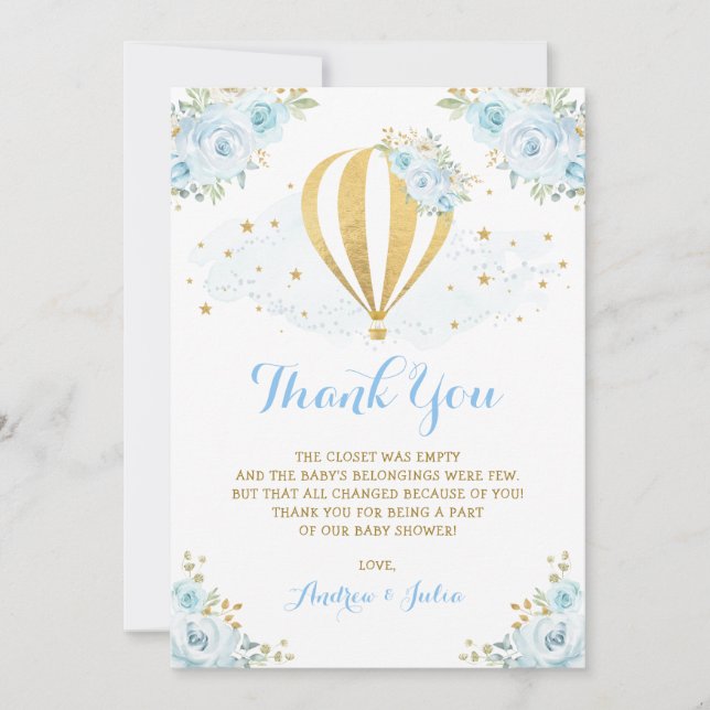 Whimsical Hot Air Balloon Blue Floral Baby Shower Thank You Card (Front)