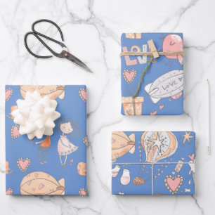 Whimsical hot air balloon cute couple birds blue wrapping paper sheet